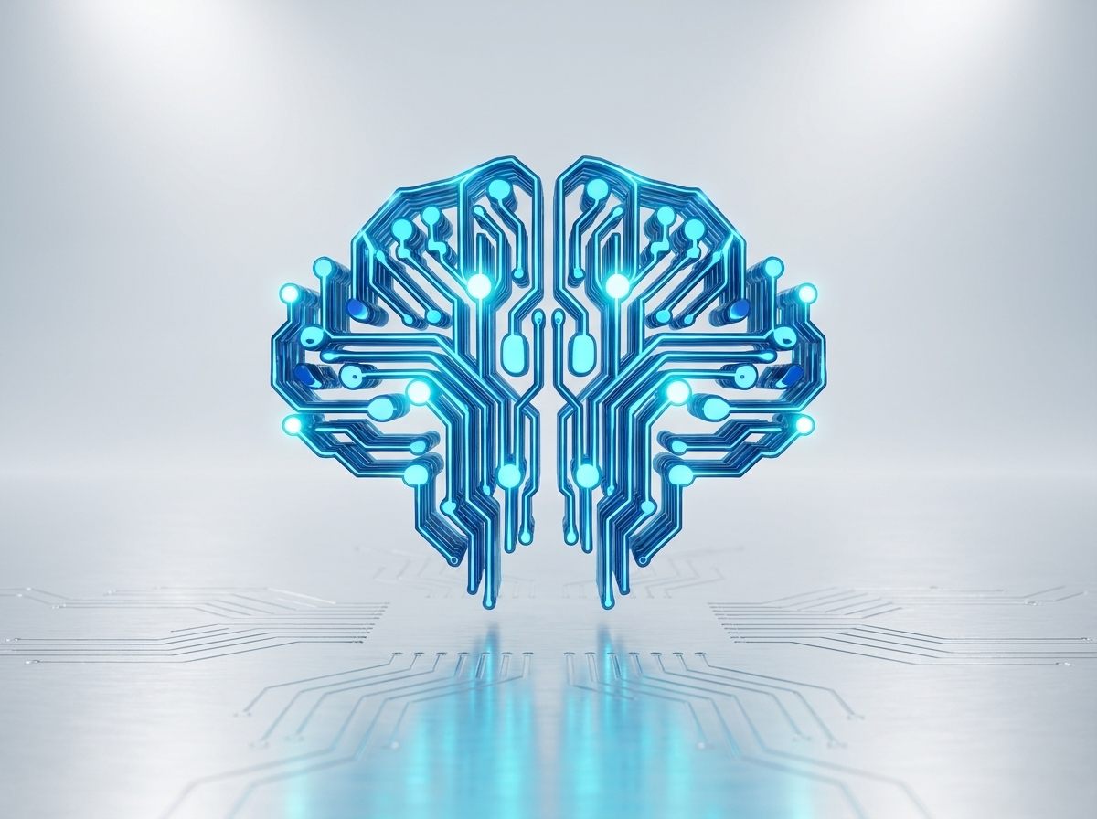 The MBP Forge brain — a circuit-board brain glowing above a brushed aluminum surface