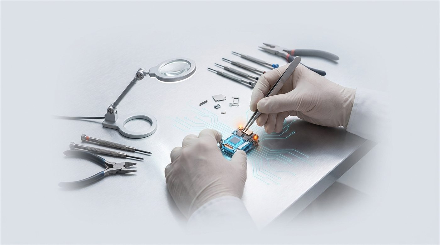 Two gloved hands assembling a small glowing device on a brushed-aluminum workbench, precision tools laid out around it