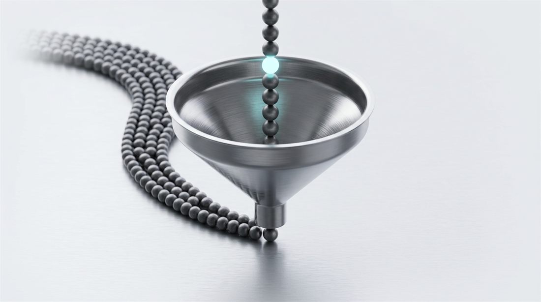 Streams of steel spheres queuing into a metal funnel that lets through one at a time — a single sphere glowing cyan at the mouth