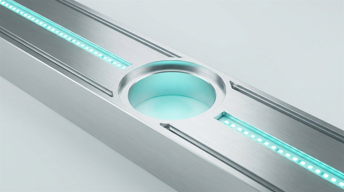 Two strips of cyan light running along a brushed aluminum beam, both stopping short of an empty circular socket machined into the center