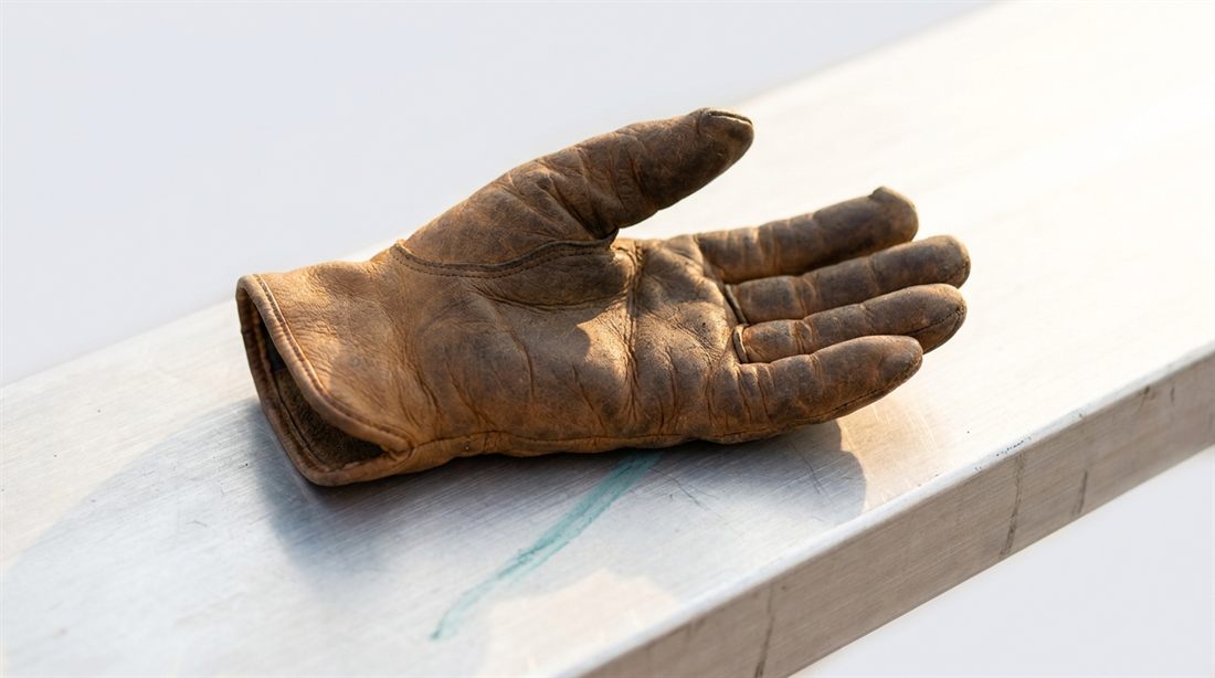 A worn leather work glove resting open on an aluminum beam, a faint cyan trace running beneath it
