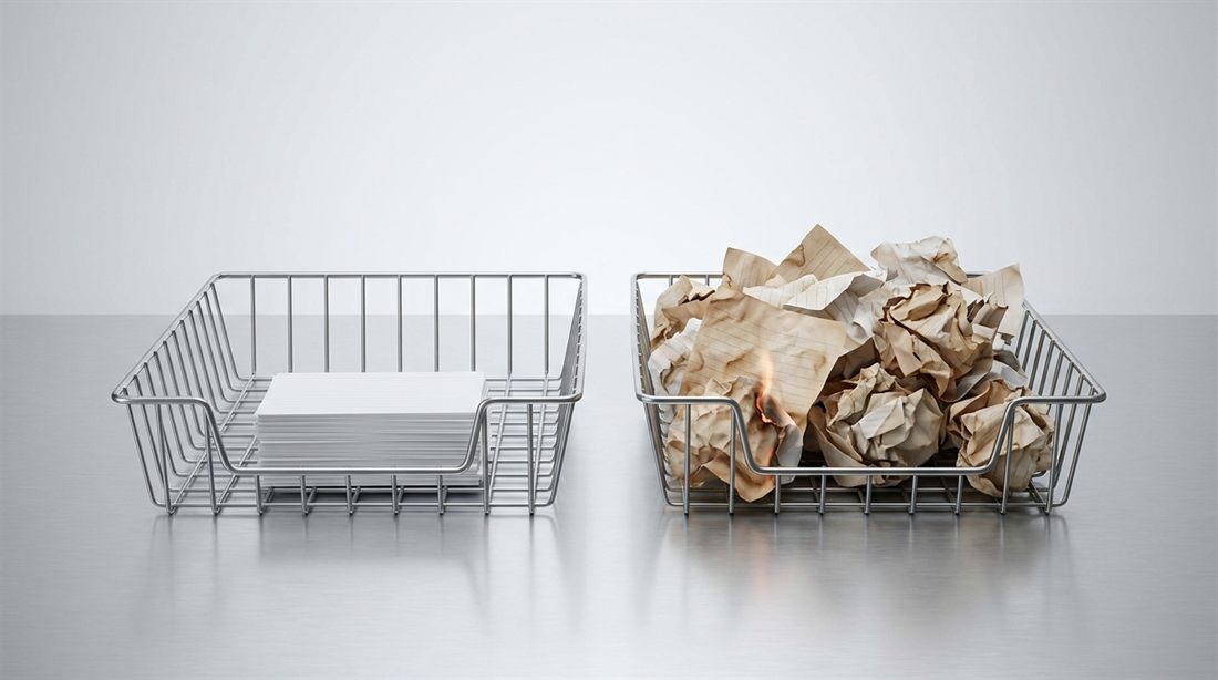 Two wire desk trays side by side — one holding a neat stack of paper, the other overflowing with crumpled scorched pages
