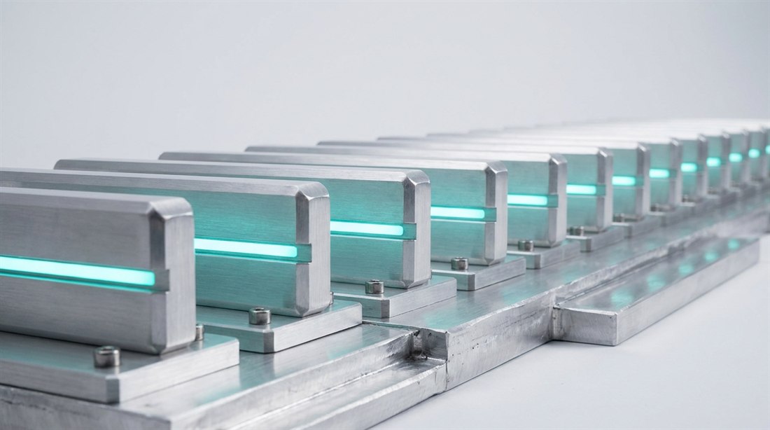 A long receding row of identical aluminum units with glowing cyan faces, all perfectly aligned with each other and bolted to a base plate whose seams are stepped and misaligned