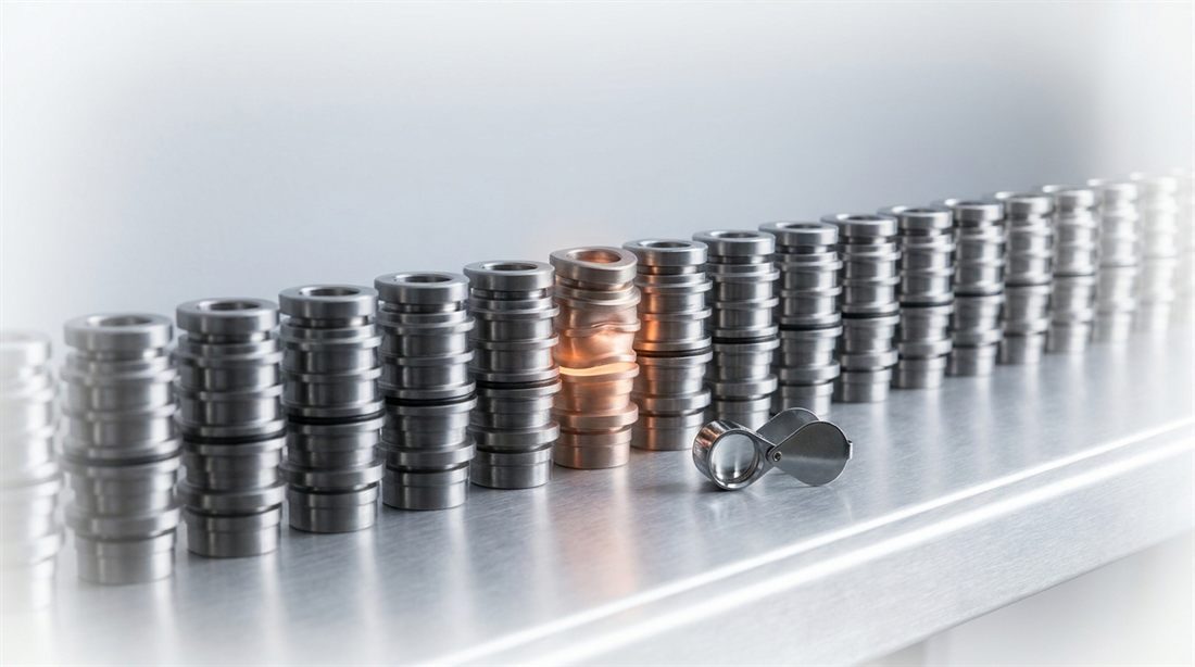 A long row of identical machined parts on an aluminum bench — one glowing ember-orange with a flaw, an inspection loupe set down beside it